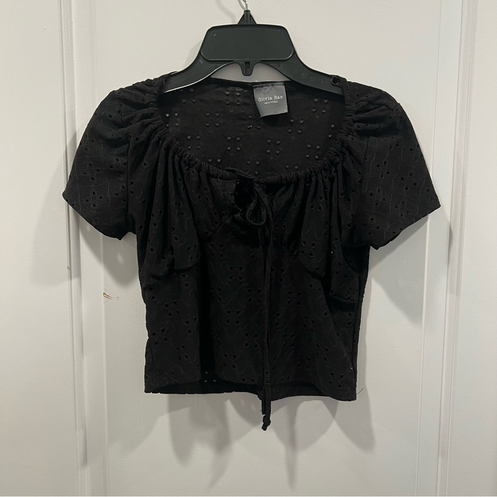 Olivia Rae Black Tie Patterned Short Sleeve Front Tie Top